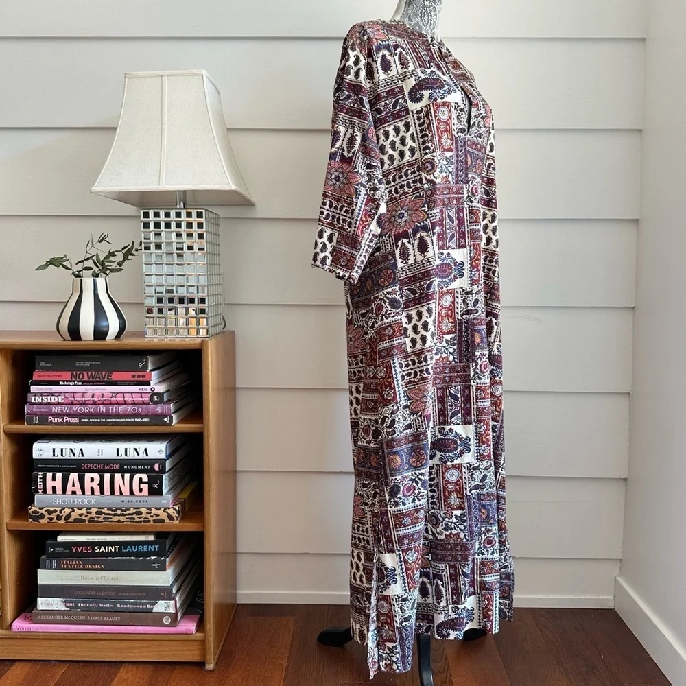 Vintage Patchwork Print Kaftan Style Nightgown Dress Boho Cottage - Picture 3 of 8